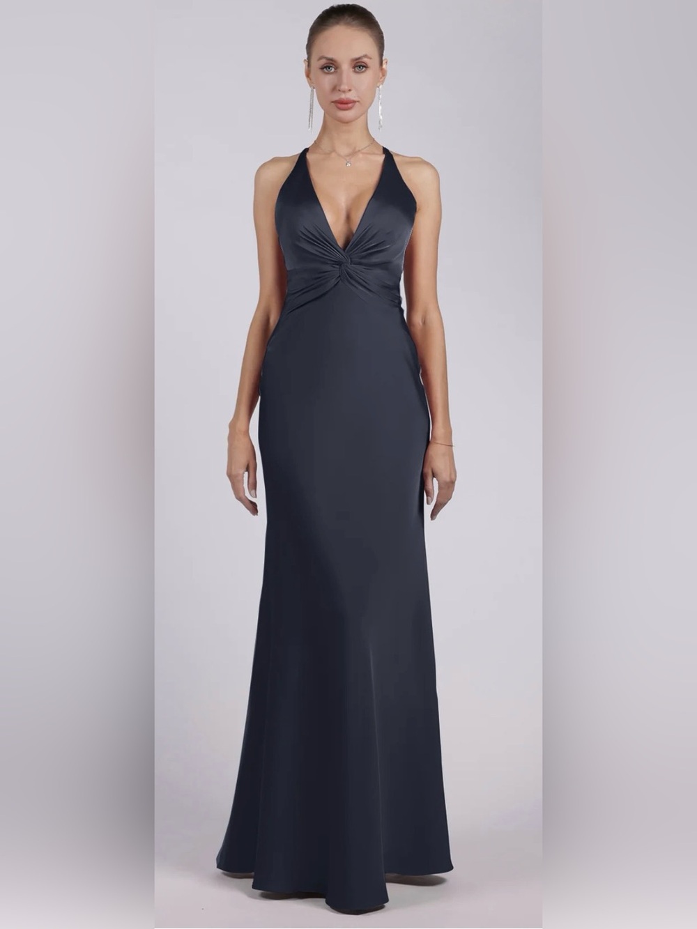 Faeriesty Navy Blue Twist Front Maxi Gown XS Stretch Bridesmaid Formal